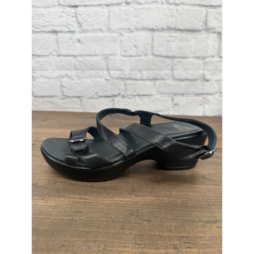Dansko Black Leather Strappy Wedge Sandals Buckle Comfort Shoes Womens Size 38 - Picture 7 of 12